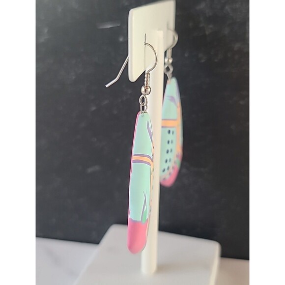 Bohemian Wooden Handpainted Dangling Earrings Vintage Costume Jewelry NOS - Picture 5 of 10